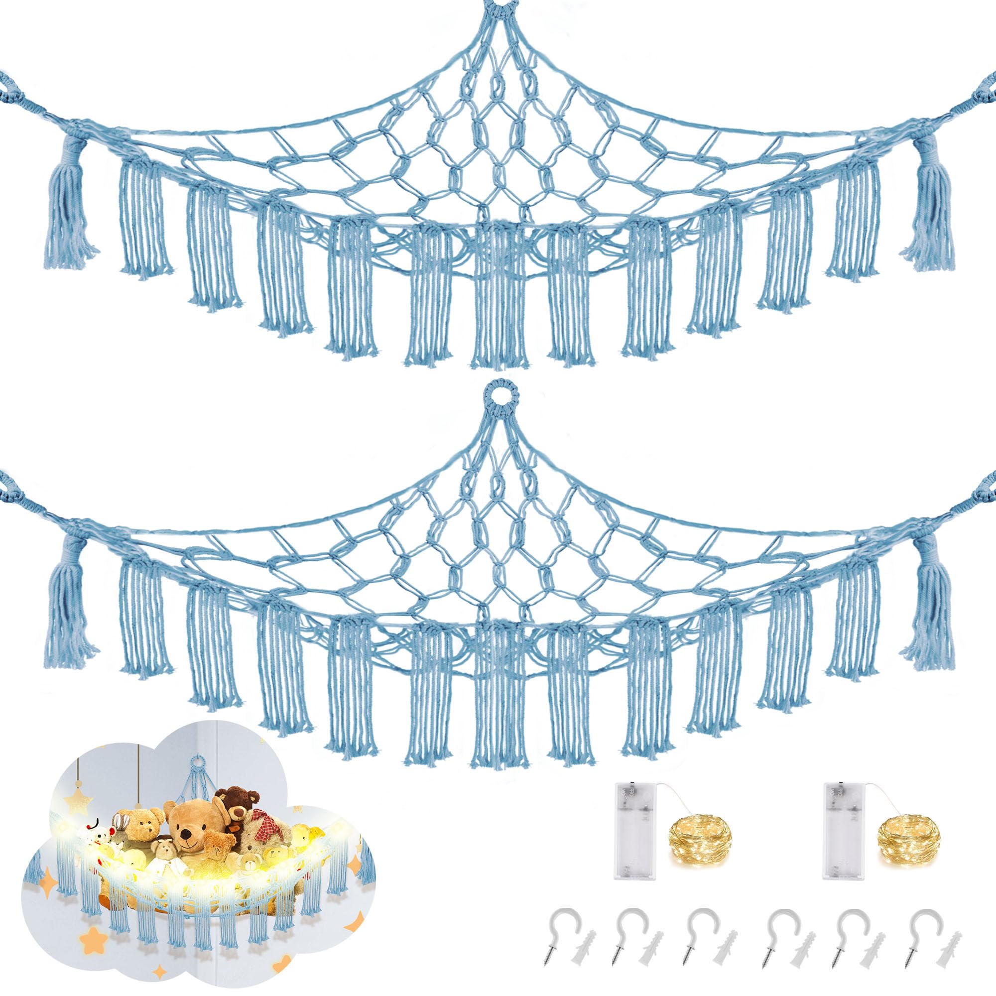 CERETIA stuffed animal hammock closeup shows durable macrame and LED glow for night time ambience