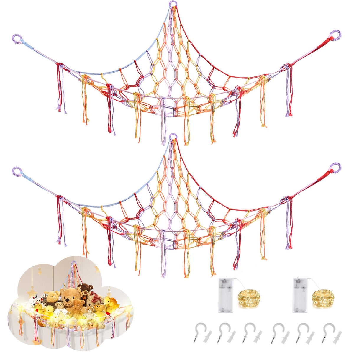 CERETIA stuffed animal hammock with LED light in a corner—neat toy organization.