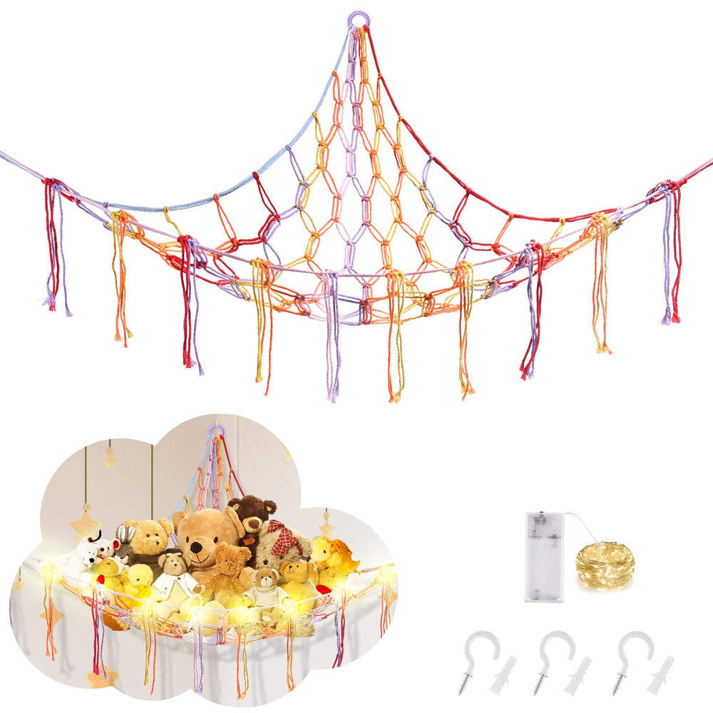 CERETIA stuffed animal hammock with LED light in rainbow front view for cozy display