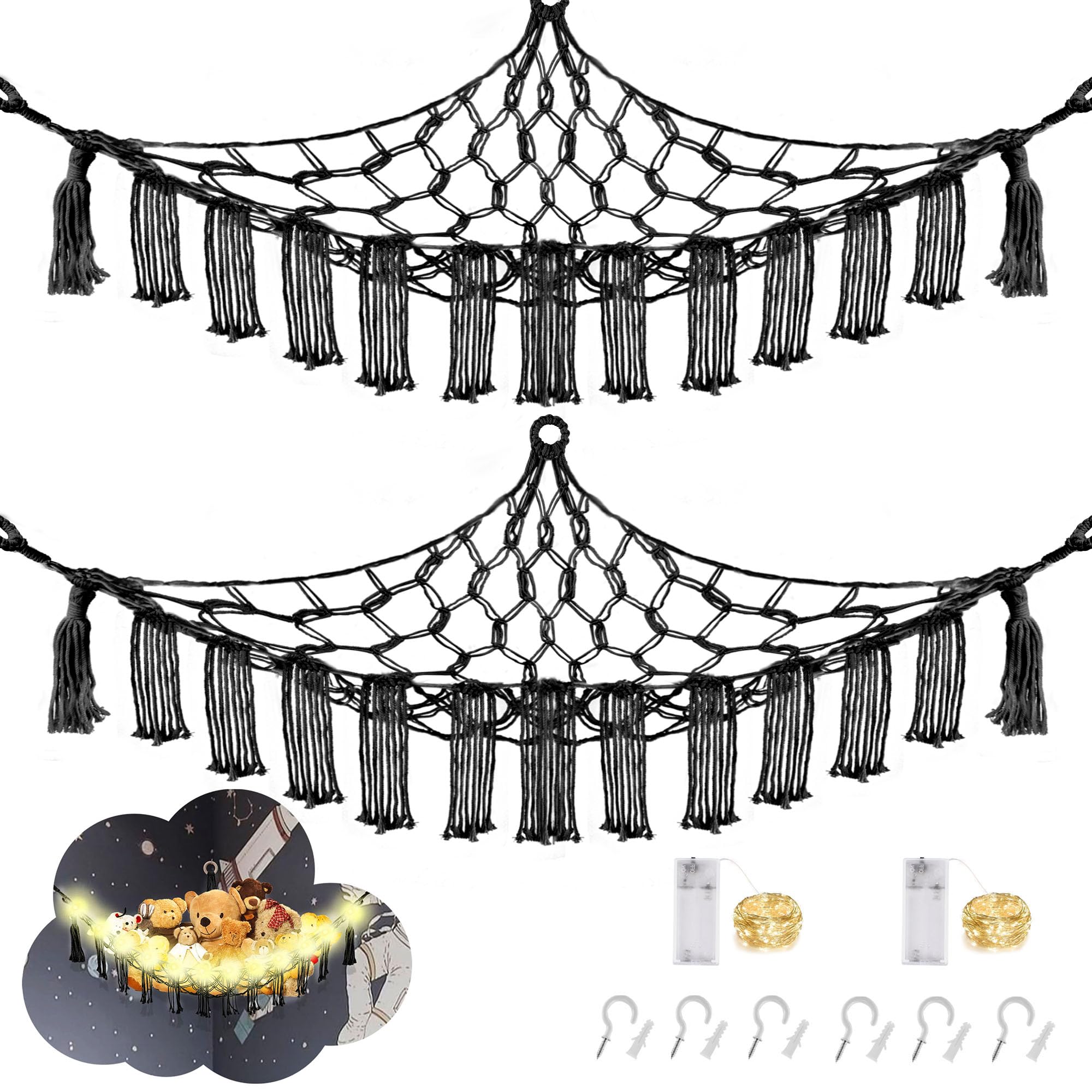 CERETIA stuffed animal hammock with LED light string ready for corner installation.