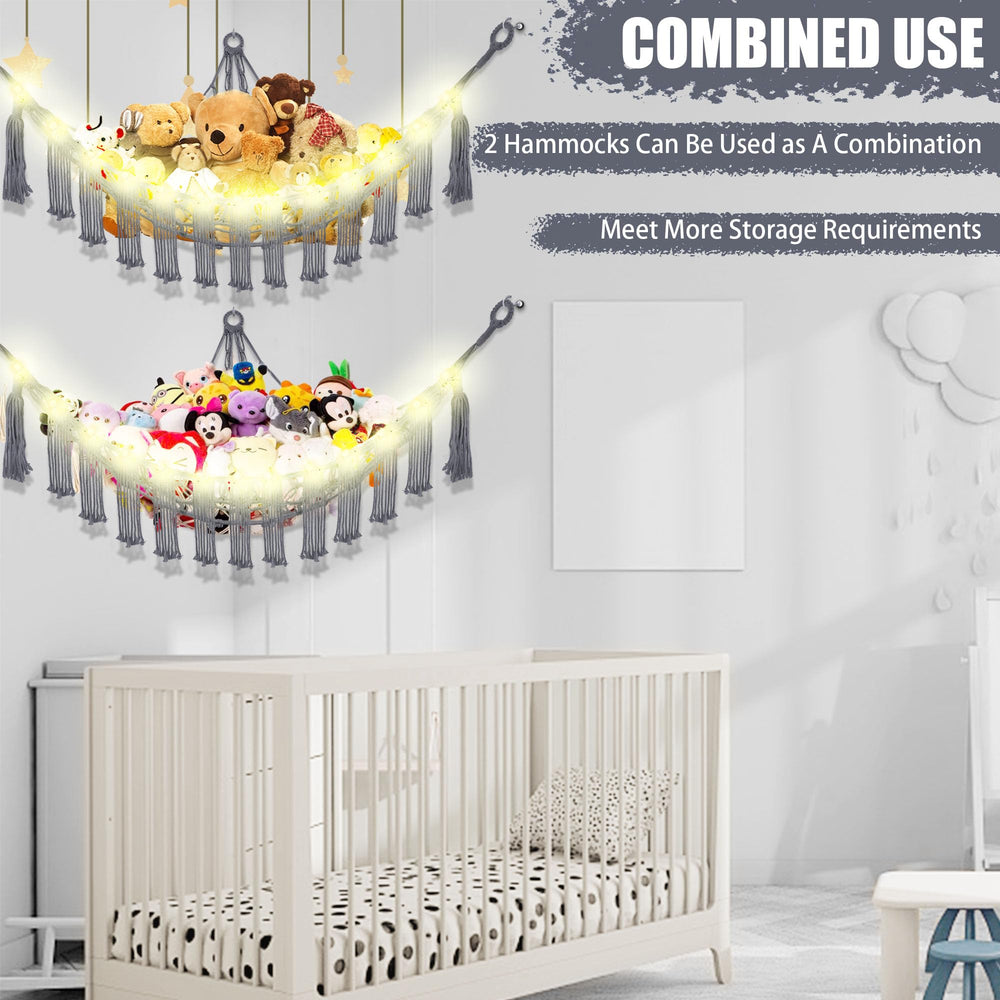 CERETIA hammock neatly displays 20 medium plush toys for quick selection.