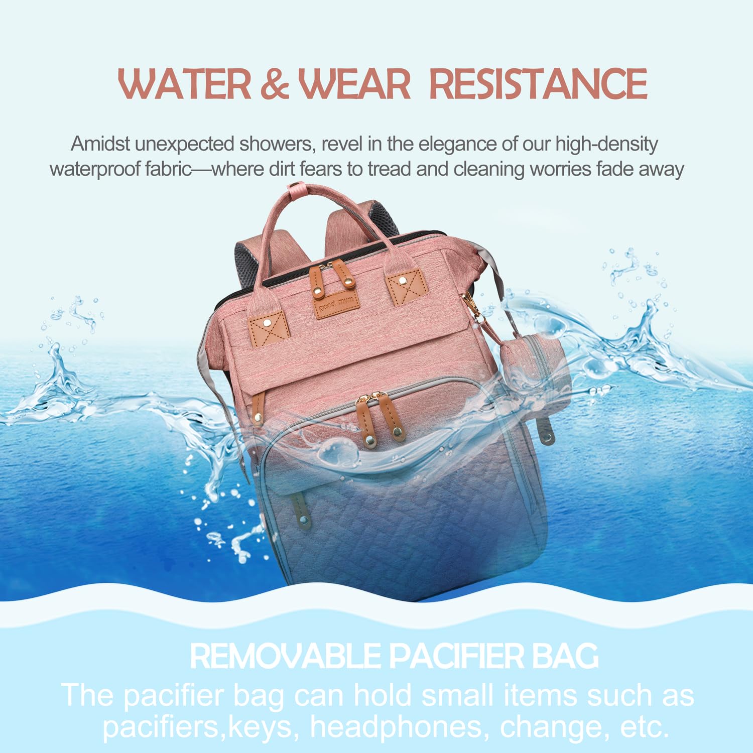 CESAILT diaper bag audio port pink enjoy music during long trips.