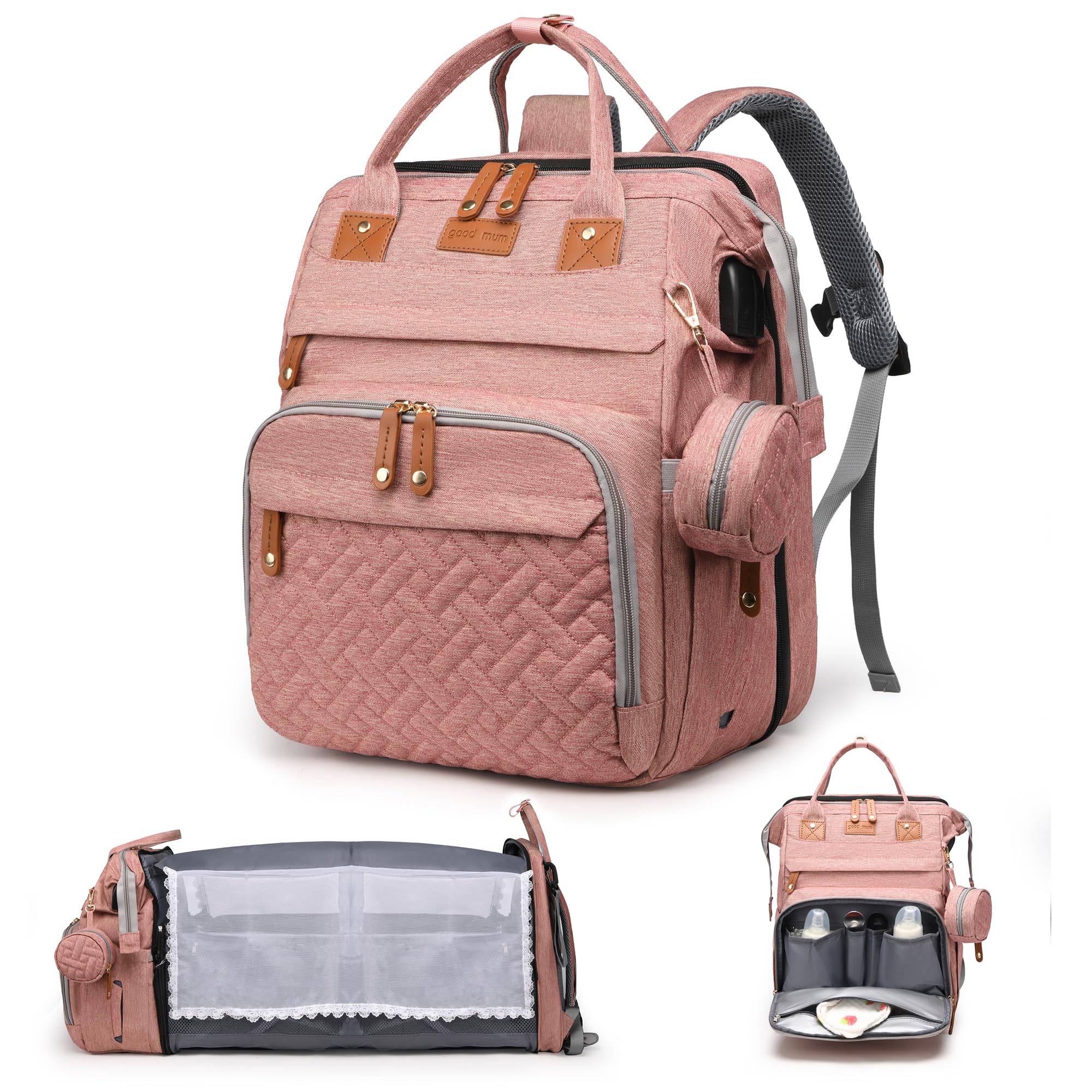 CESAILT diaper bag backpack with changing station in pink for quick on-the-go diaper changes.