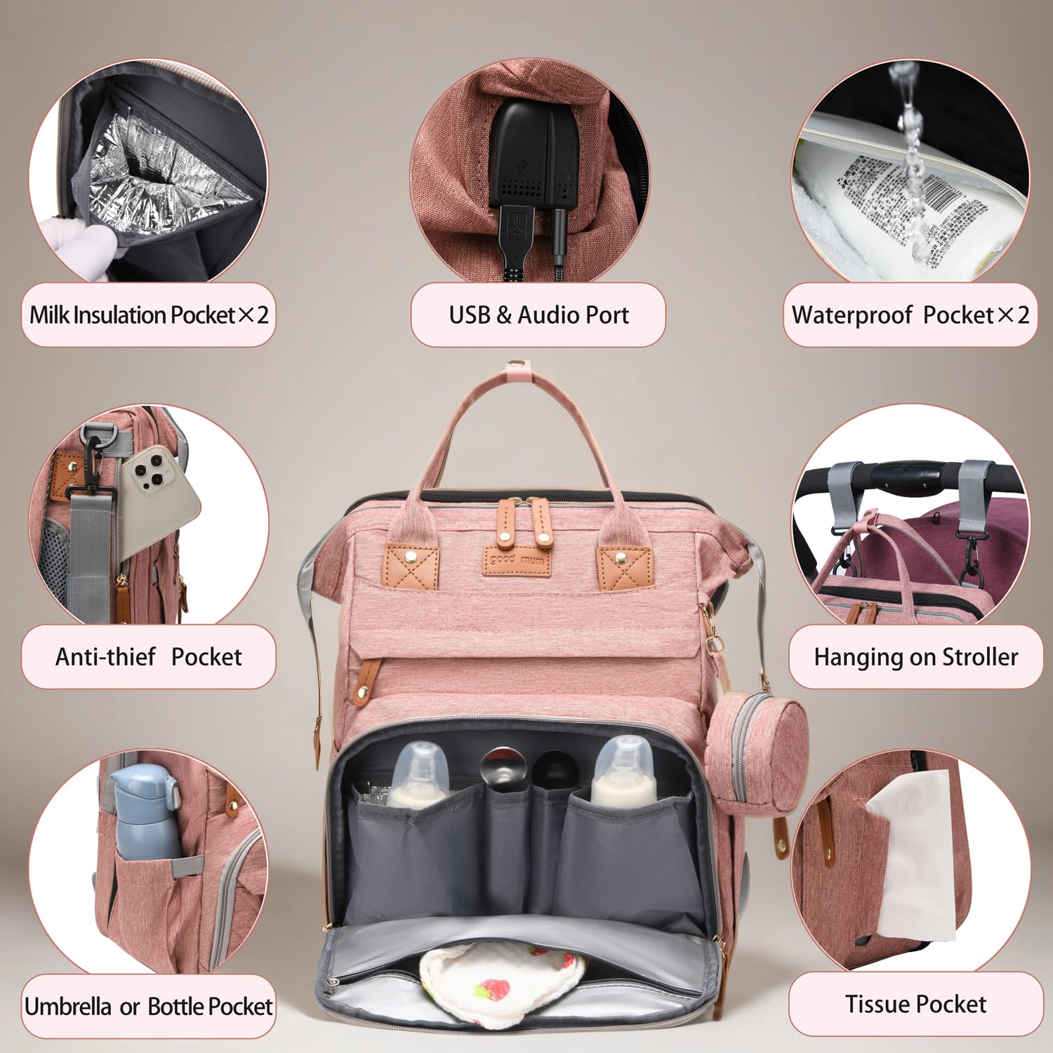CESAILT diaper bag insulated-bottle pockets pink preserves bottle temperature during outings.