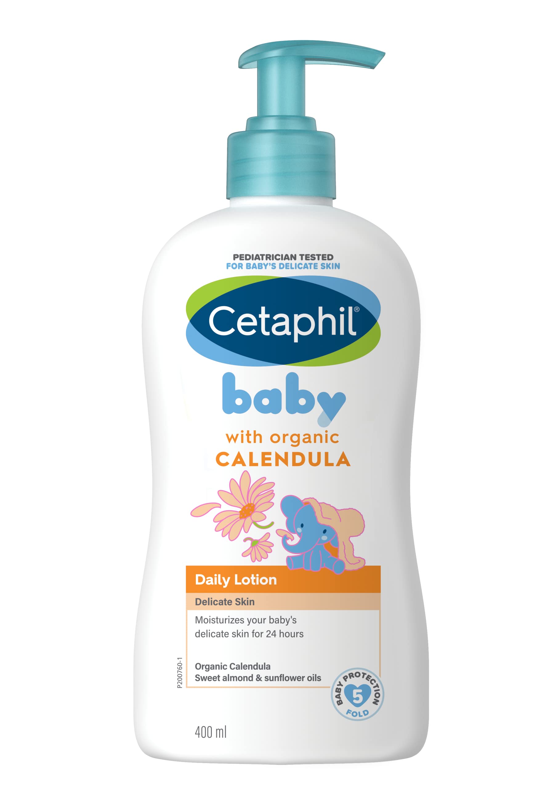 Cetaphil Baby Daily Lotion calendula bottle provides gentle, long-lasting moisture for delicate skin.