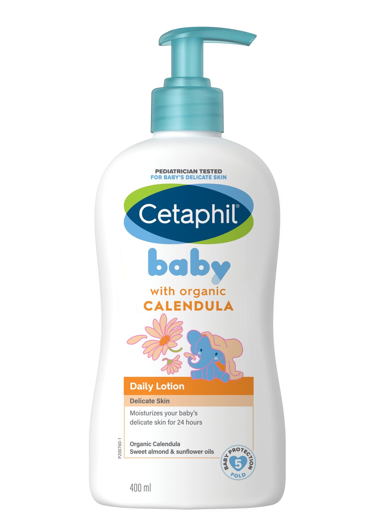 Cetaphil Baby Daily Lotion calendula bottle provides gentle, long-lasting moisture for delicate skin.