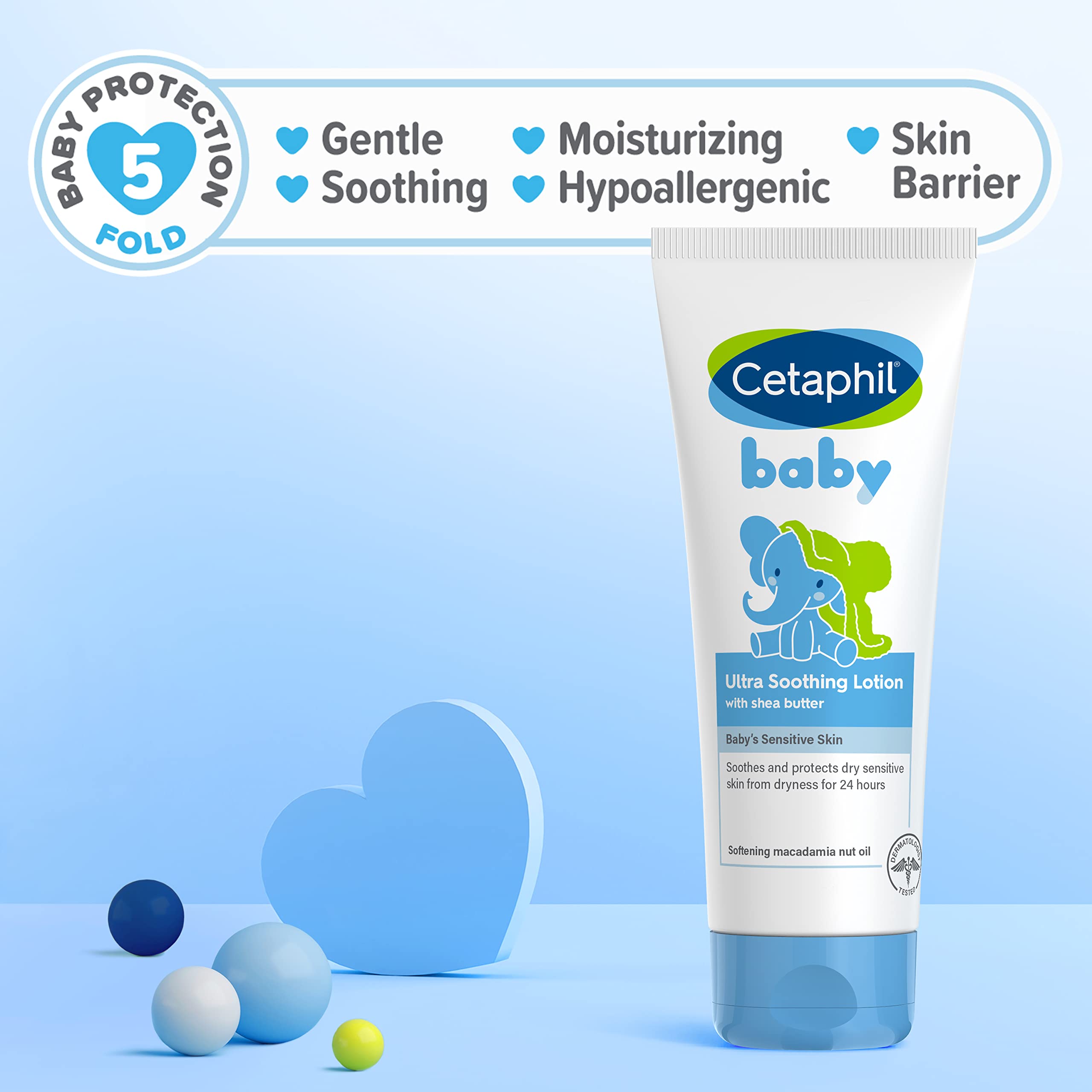 Cetaphil Baby Ultra Soothing Lotion hypoallergenic-icon communicates safe use for sensitive skin.