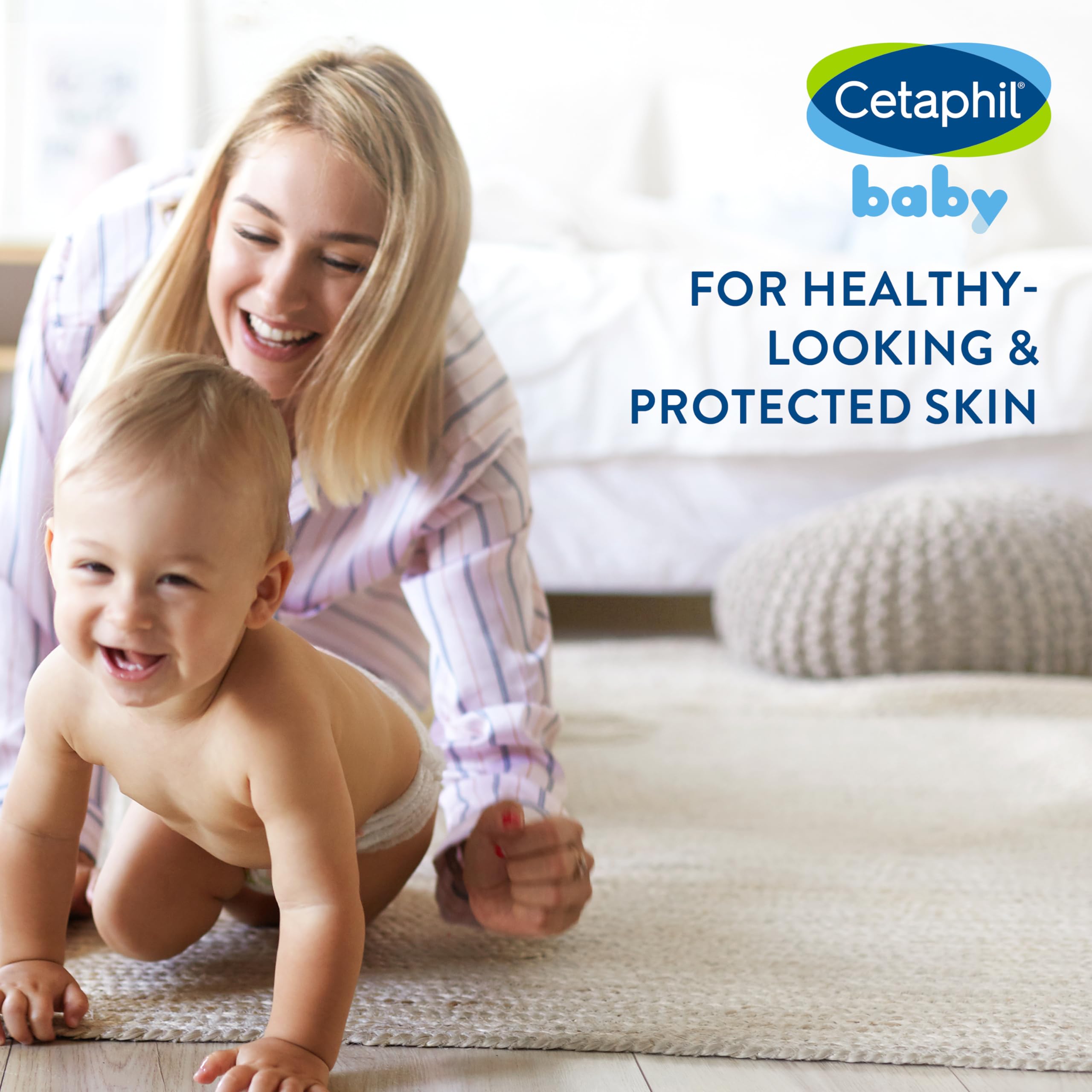 Cetaphil Baby Ultra Soothing Lotion bottle-back indicates long-lasting moisture for dry skin.