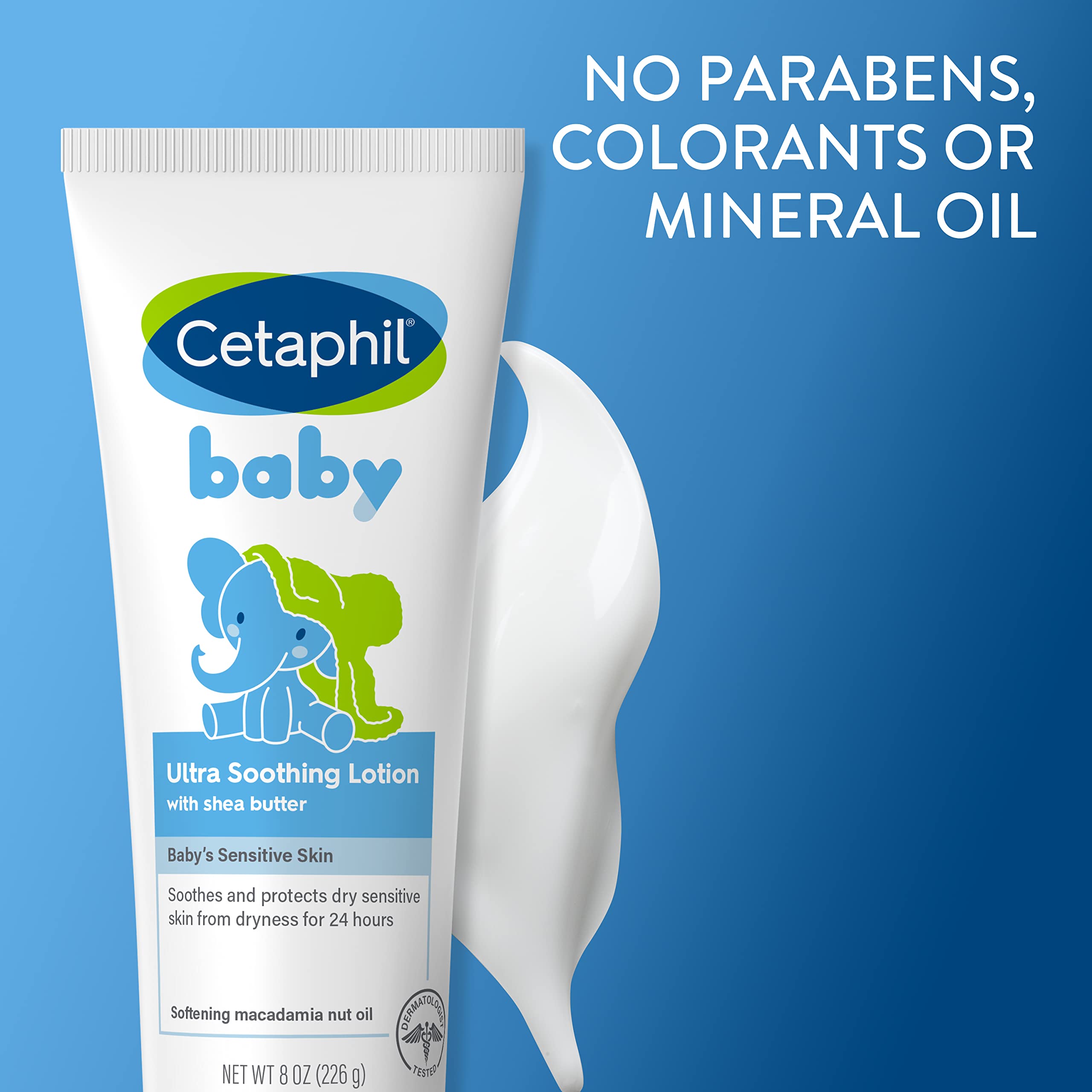 Cetaphil Baby Ultra Soothing Lotion texture-closeup highlights creamy Shea Butter formula.