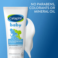 Cetaphil Baby Ultra Soothing Lotion texture-closeup highlights creamy Shea Butter formula.