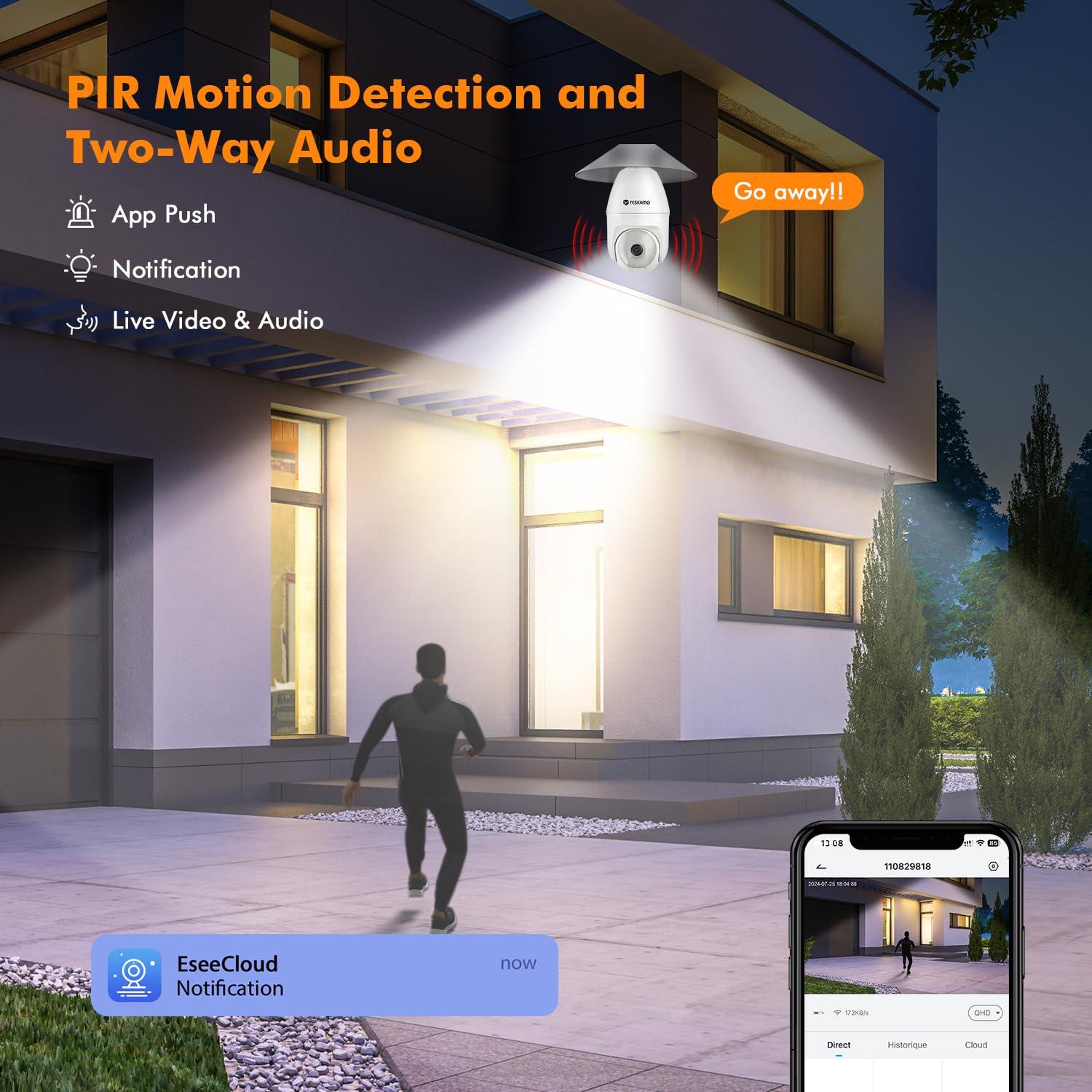 Cetey light bulb security camera PIR motion alert detects movement and notifies.