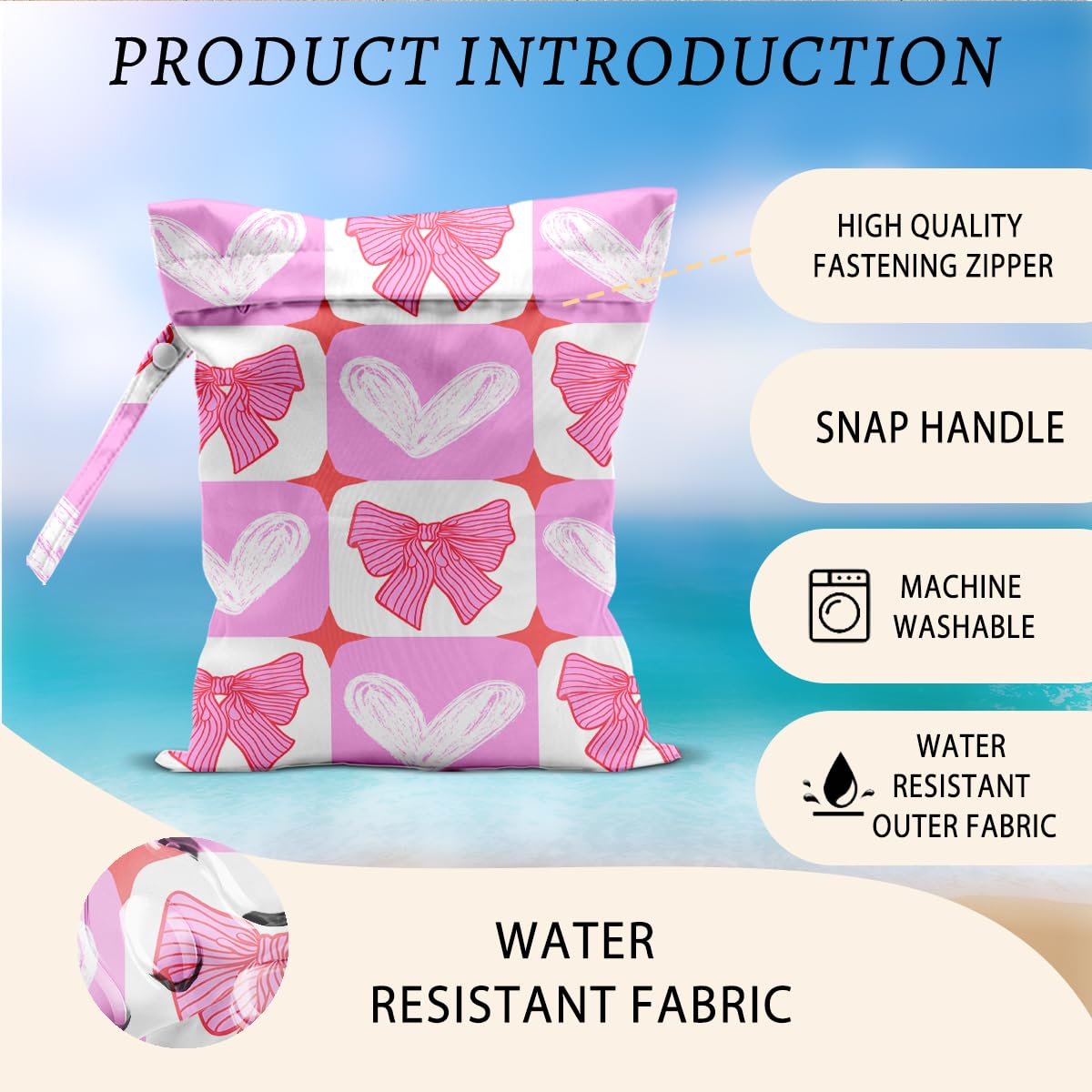 CFGBFDGH Pink Bow Wet Bag snap-handle enables easy attachment to stroller or tote