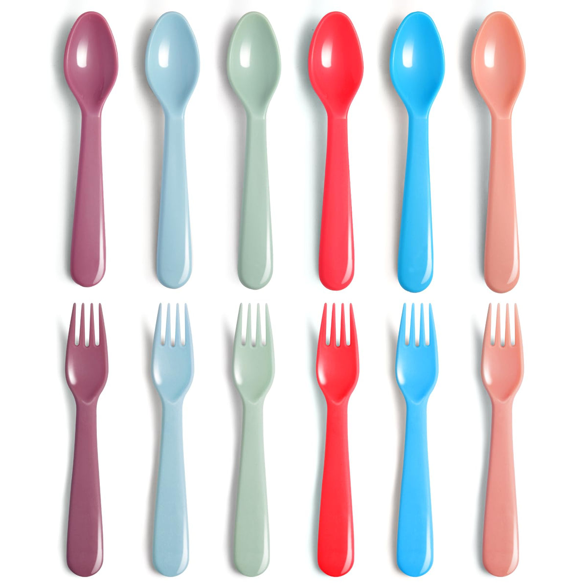 ChaLeeMoo 12pcs colorful kids utensils set with bright forks and spoons for lunches.