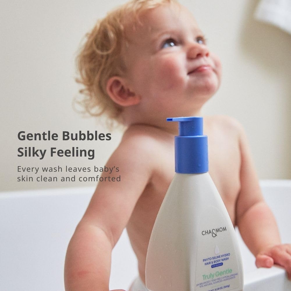 Cha&Mom Head-to-Toe Baby Wash ingredients graphic featuring four clean ingredients