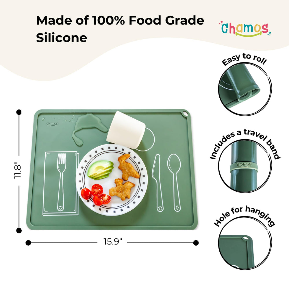 Chamos Montessori placemat beige flatlay highlights easy cleanup and organized mealtime setup.