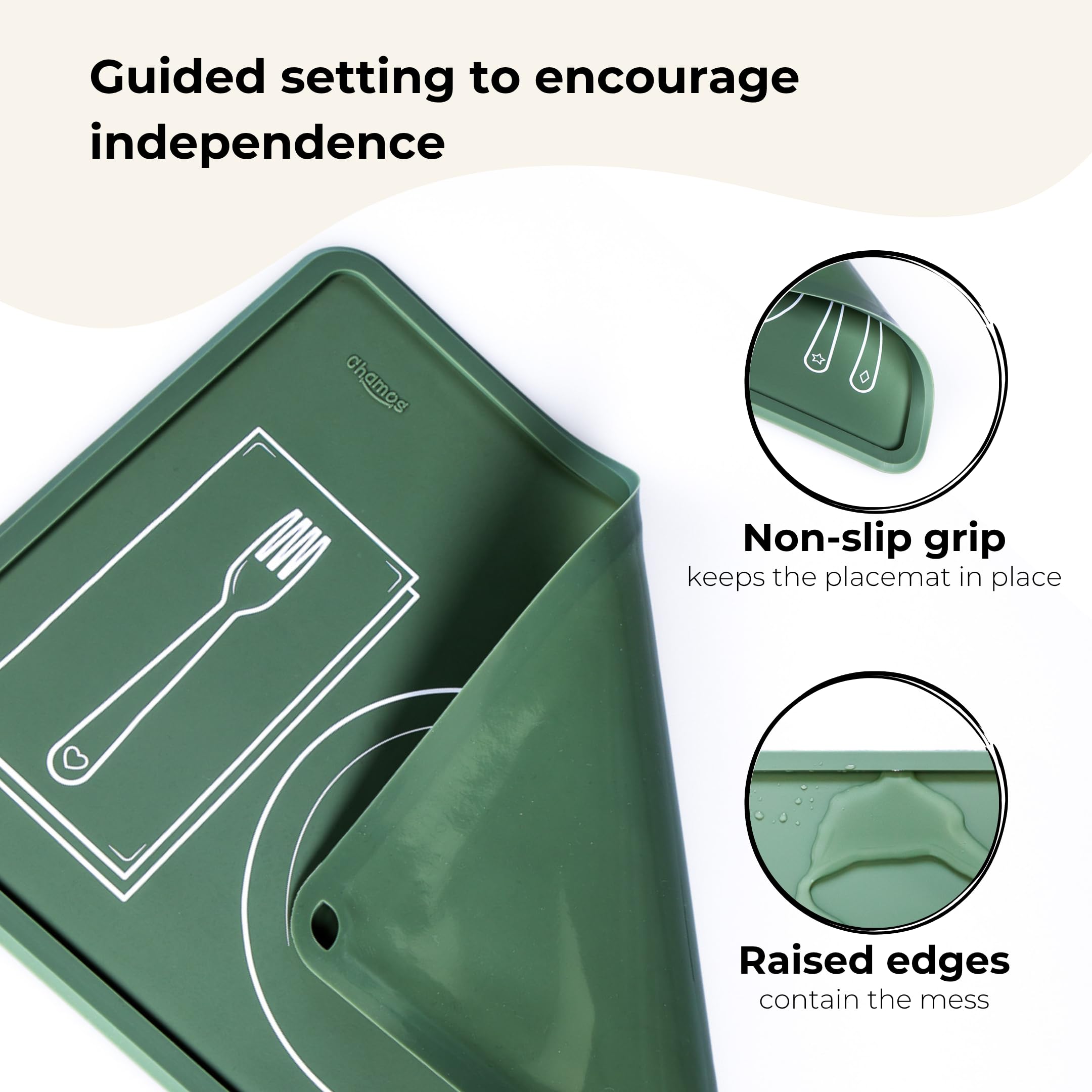 Chamos Montessori placemat non-slip edge demonstrates mess-catching features during toddler meals.