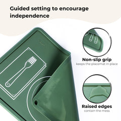 Chamos Montessori placemat non-slip edge demonstrates mess-catching features during toddler meals.