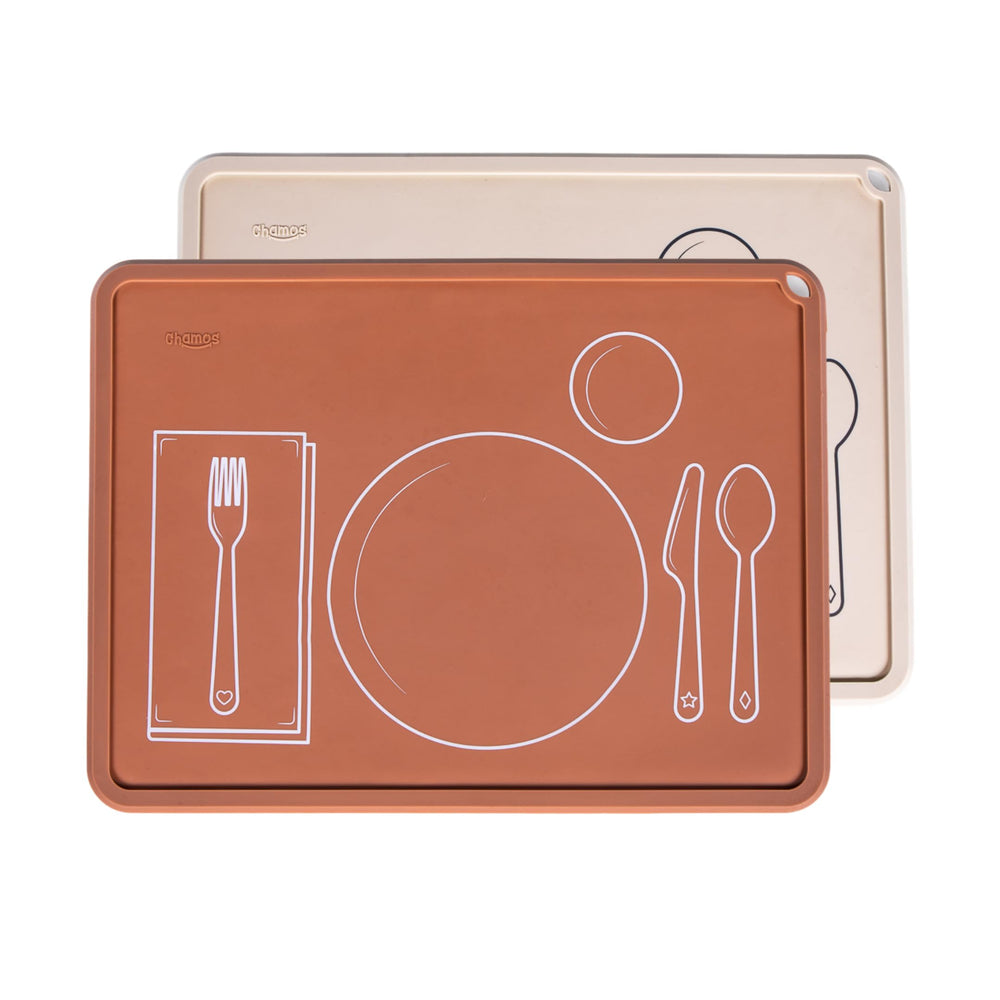 Chamos Montessori placemat for toddlers in clay color with outlines for independent eating.