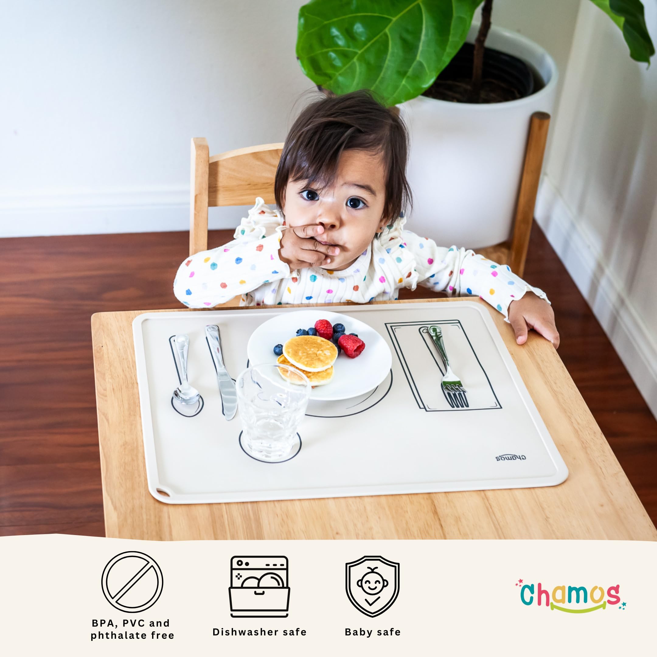 Chamos Montessori placemat travel-ready design supports dining at home or when traveling.
