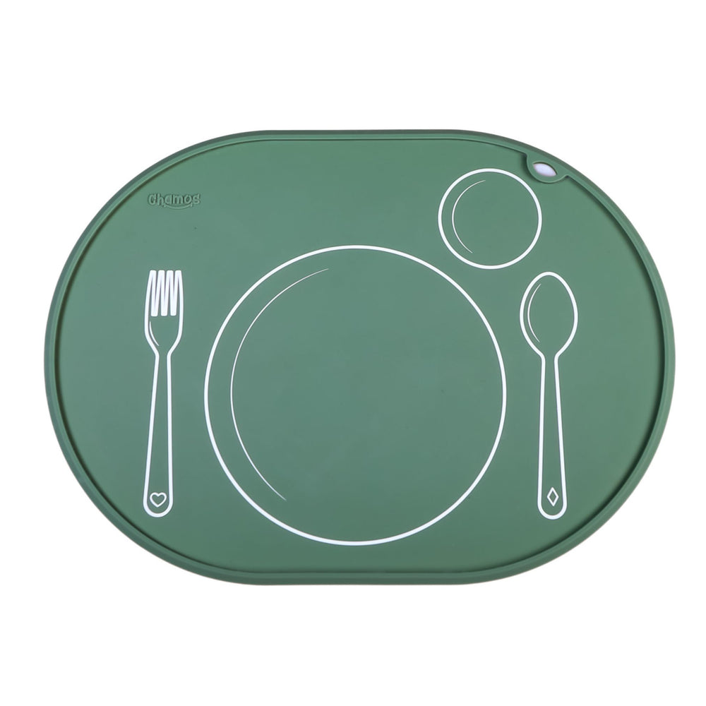 Chamos oval placemat Sage flat surface for toddler dining.