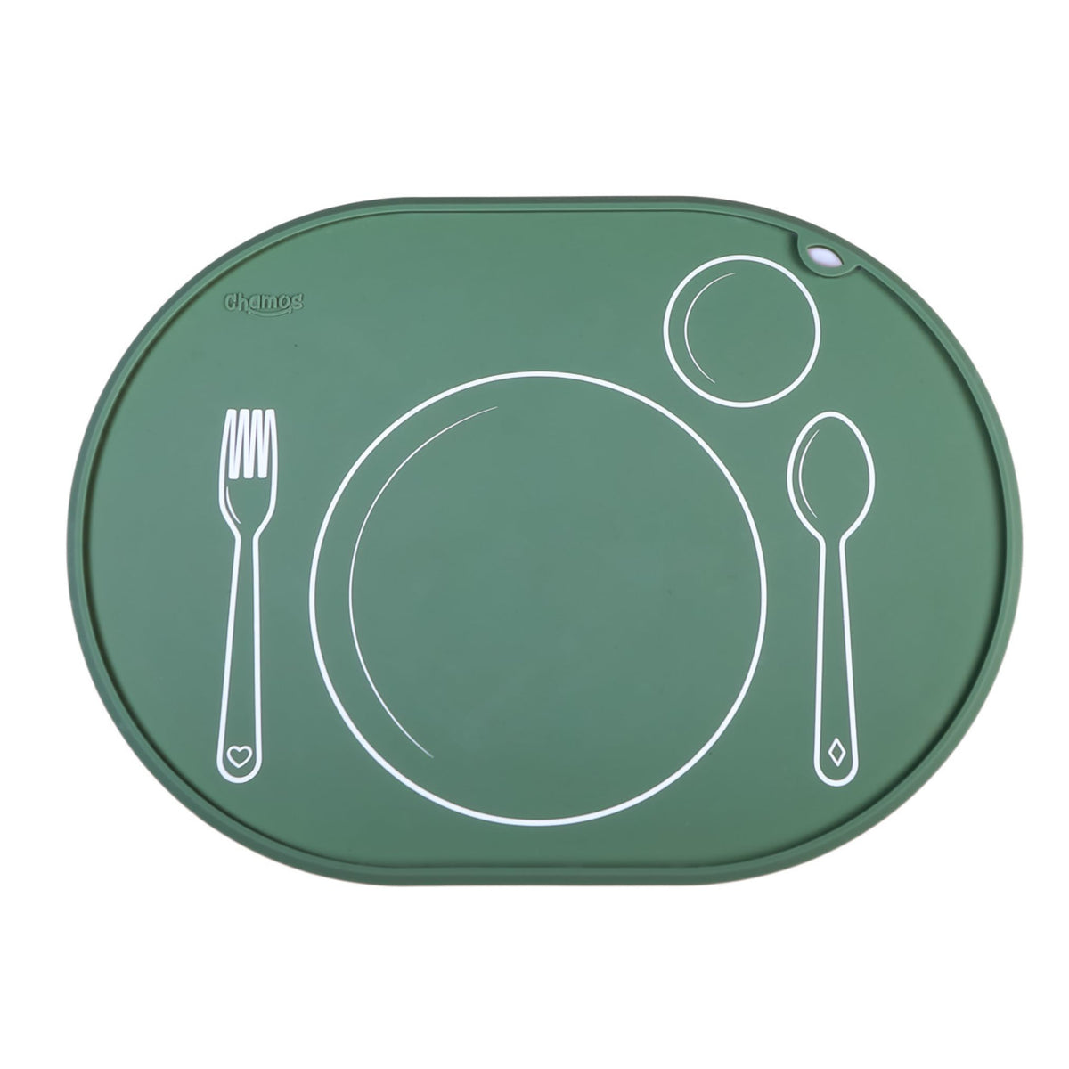 Chamos oval placemat Sage flat surface for toddler dining.