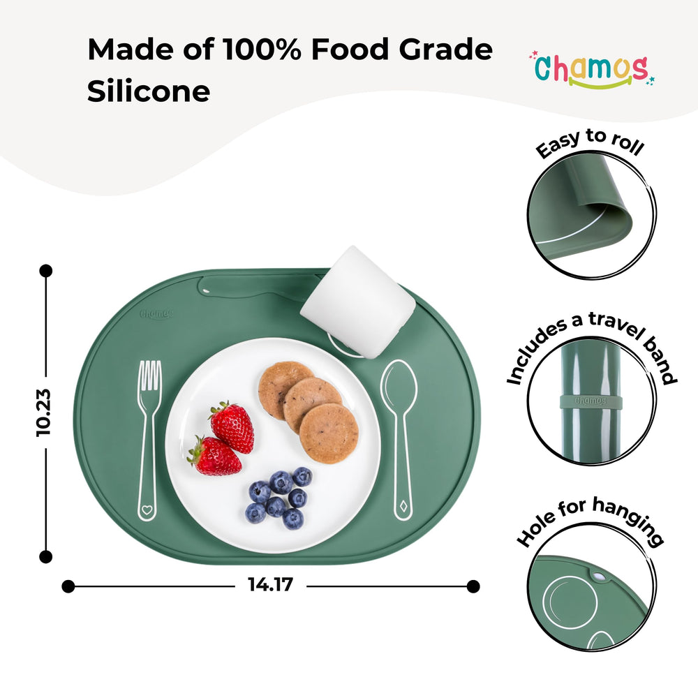 Chamos oval placemat Sage non-slip grip helps prevent sliding.