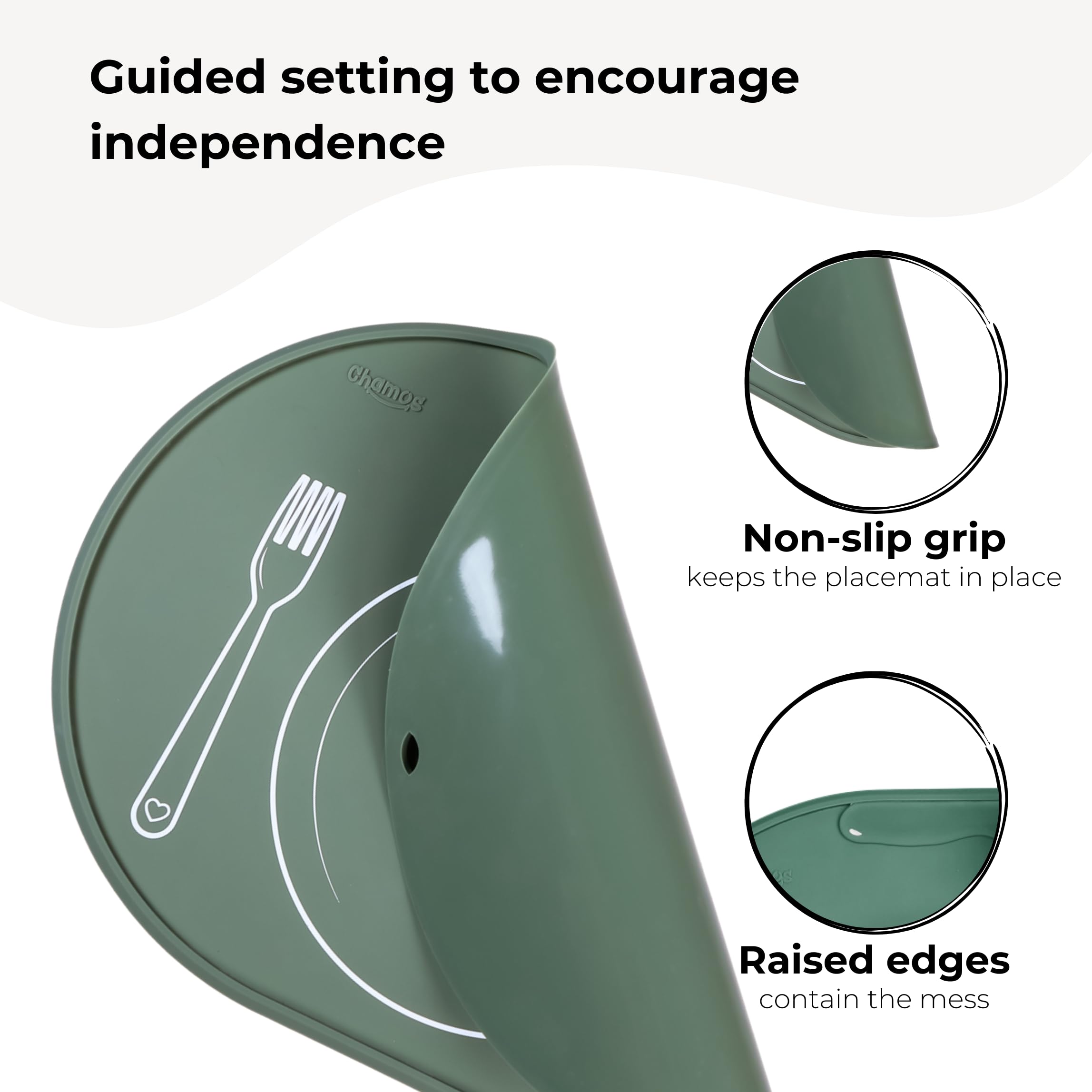 Chamos placemat Sage raised edges catch most spills during meals.