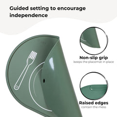 Chamos placemat Sage raised edges catch most spills during meals.