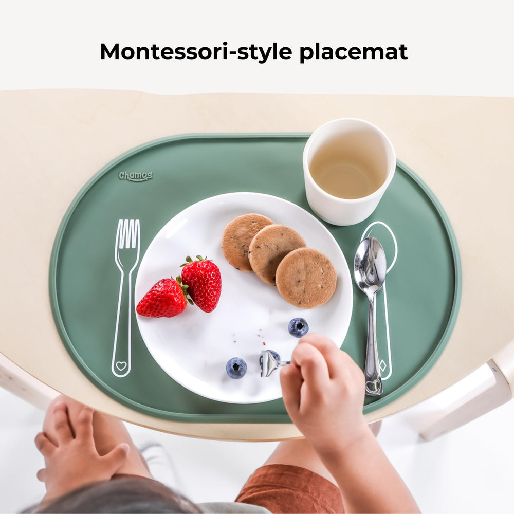 Chamos Sage placemat with travel band for easy roll-up on the go.