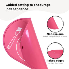 Chamos rose placemat close-up shows raised edge catching spills for easy cleanup.