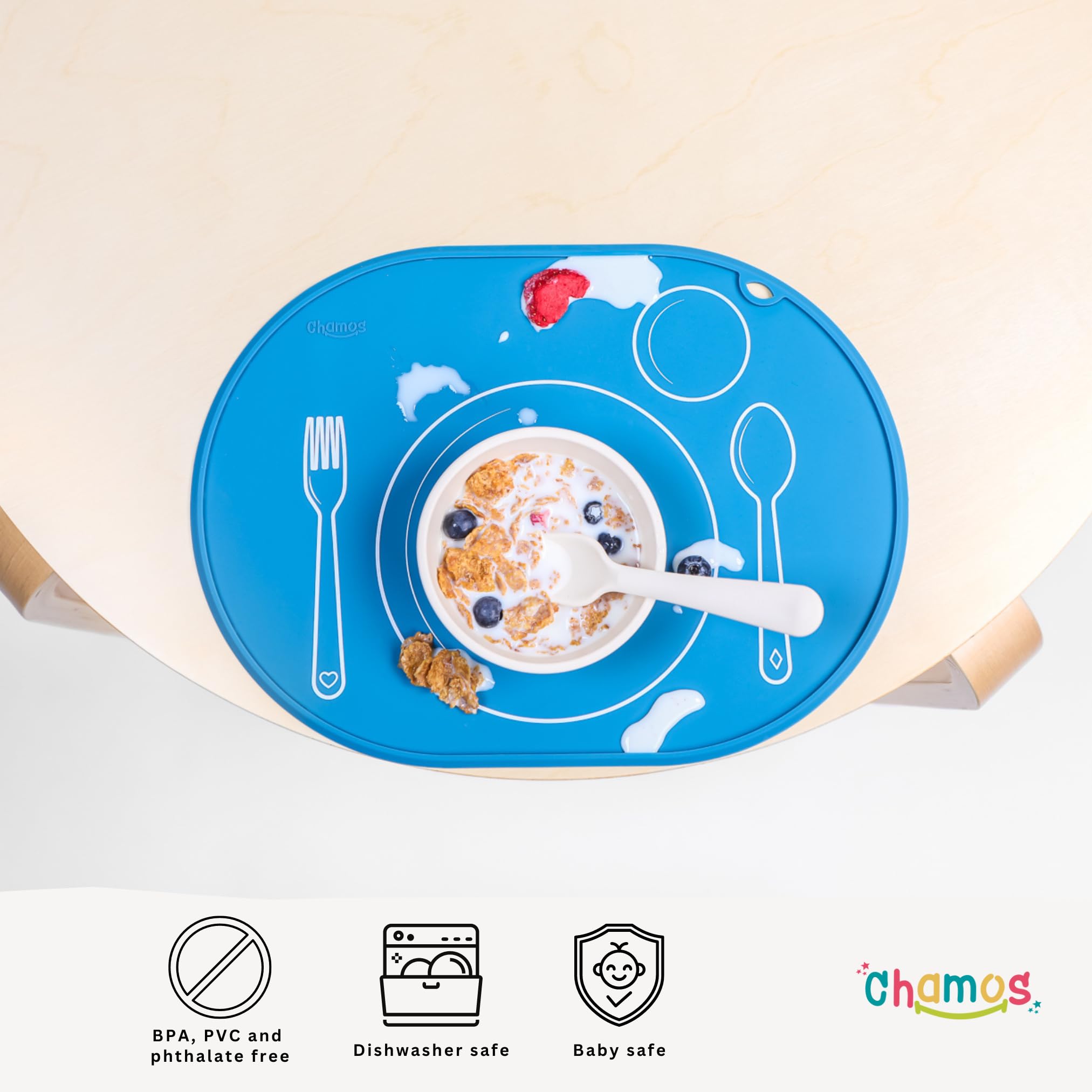 Chamos placemat rose at restaurant setting, featuring spill containment and quick cleanup.