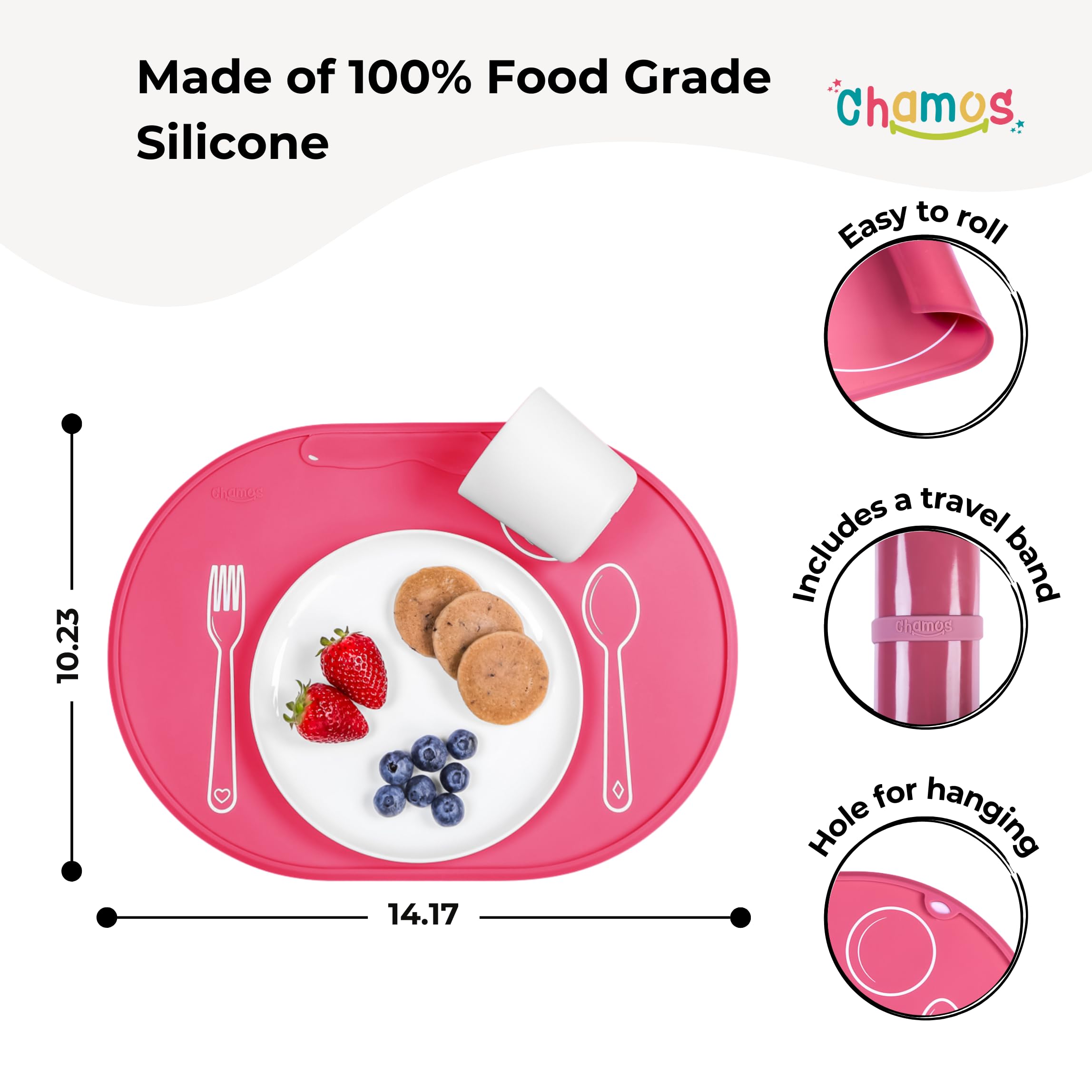 Chamos oval Montessori placemat rose close-up surface showing non-slip grip for stable dining.