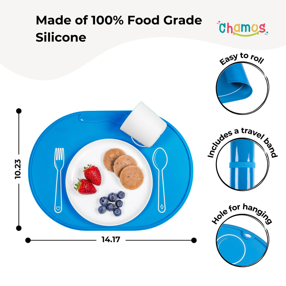 Chamos silicone placemat blue oval dining—non-slip surface for family meals.
