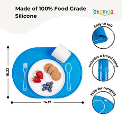 Chamos silicone placemat blue oval dining—non-slip surface for family meals.