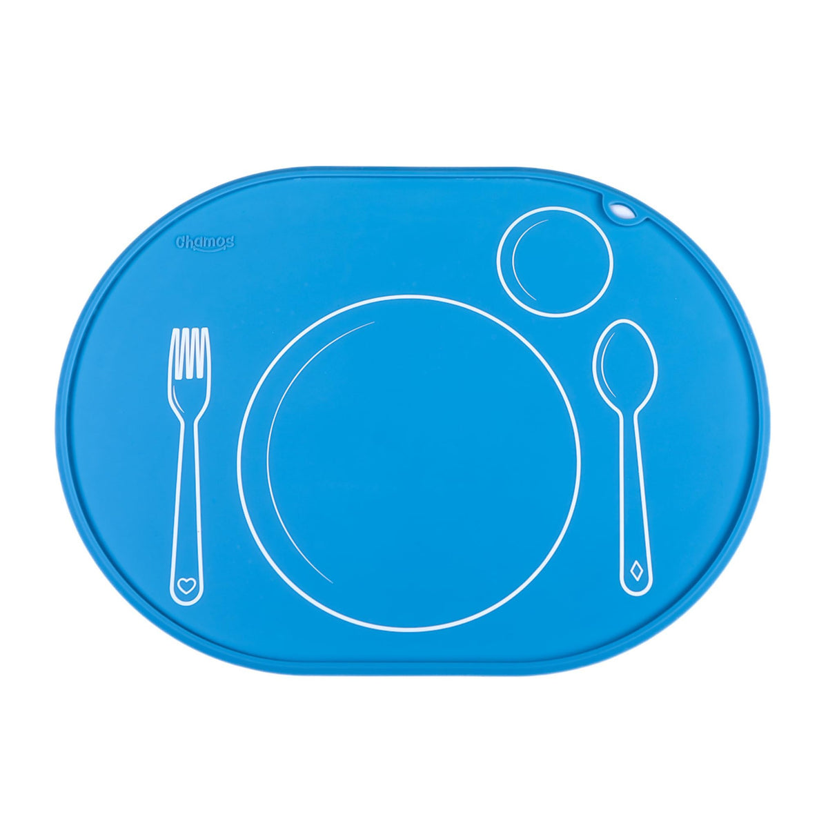 Chamos silicone placemat blue round table—keeps spills contained during meals.