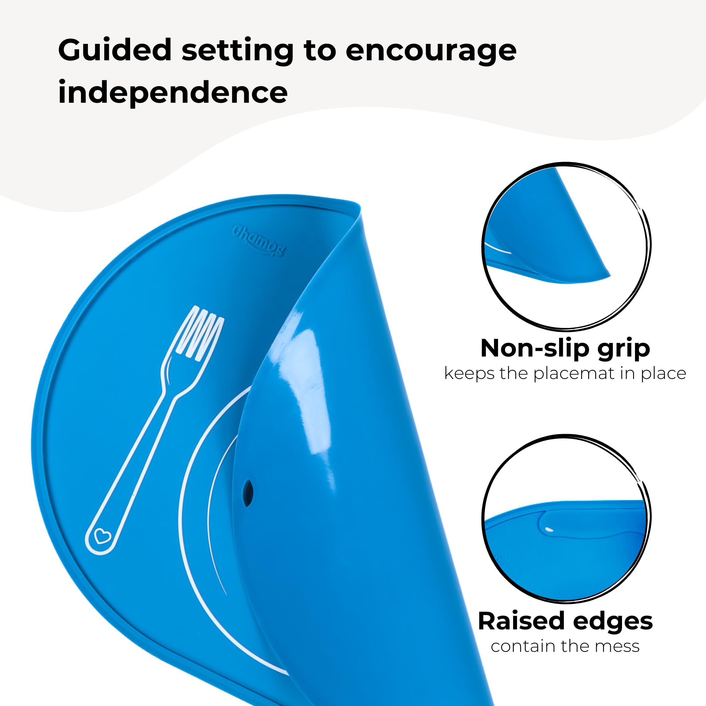 Chamos silicone placemat non-slip grip—prevents sliding for tidy mealtimes.