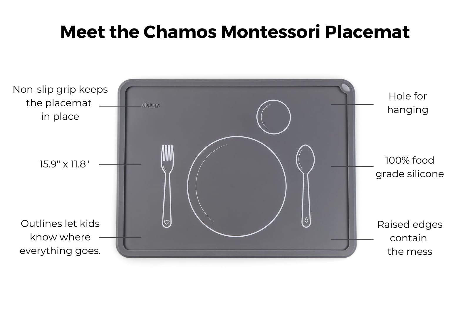 Chamos silicone placemats keep plate, cup and utensils in place during meals.