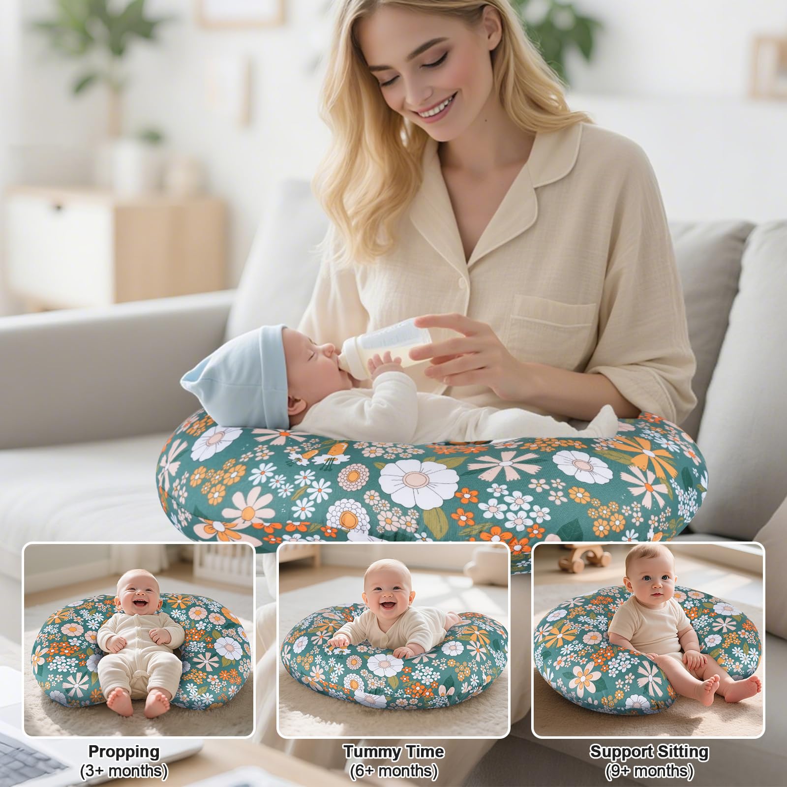 CHANGX3KB nursing pillow demonstrates baby feeding position with ergonomic support