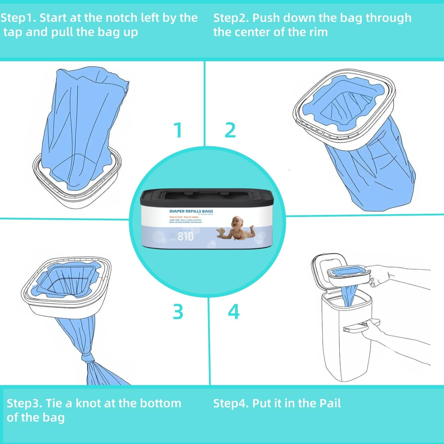 Chariholis jumbo refills hold 810 newborn diapers, reducing trips to empty.