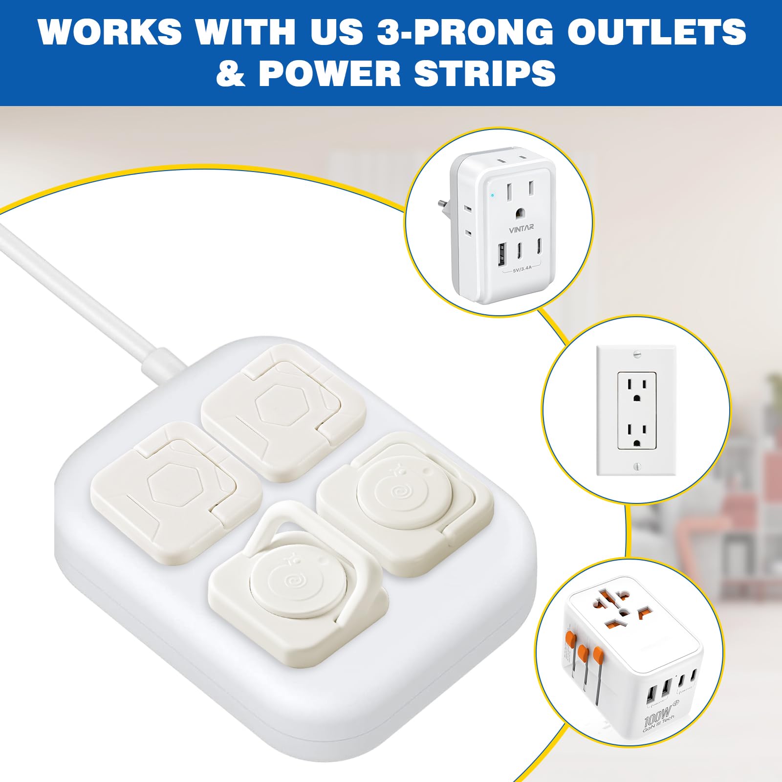 CharmFields three-prong-fit outlet covers fit standard outlets without blocking adjacent sockets.