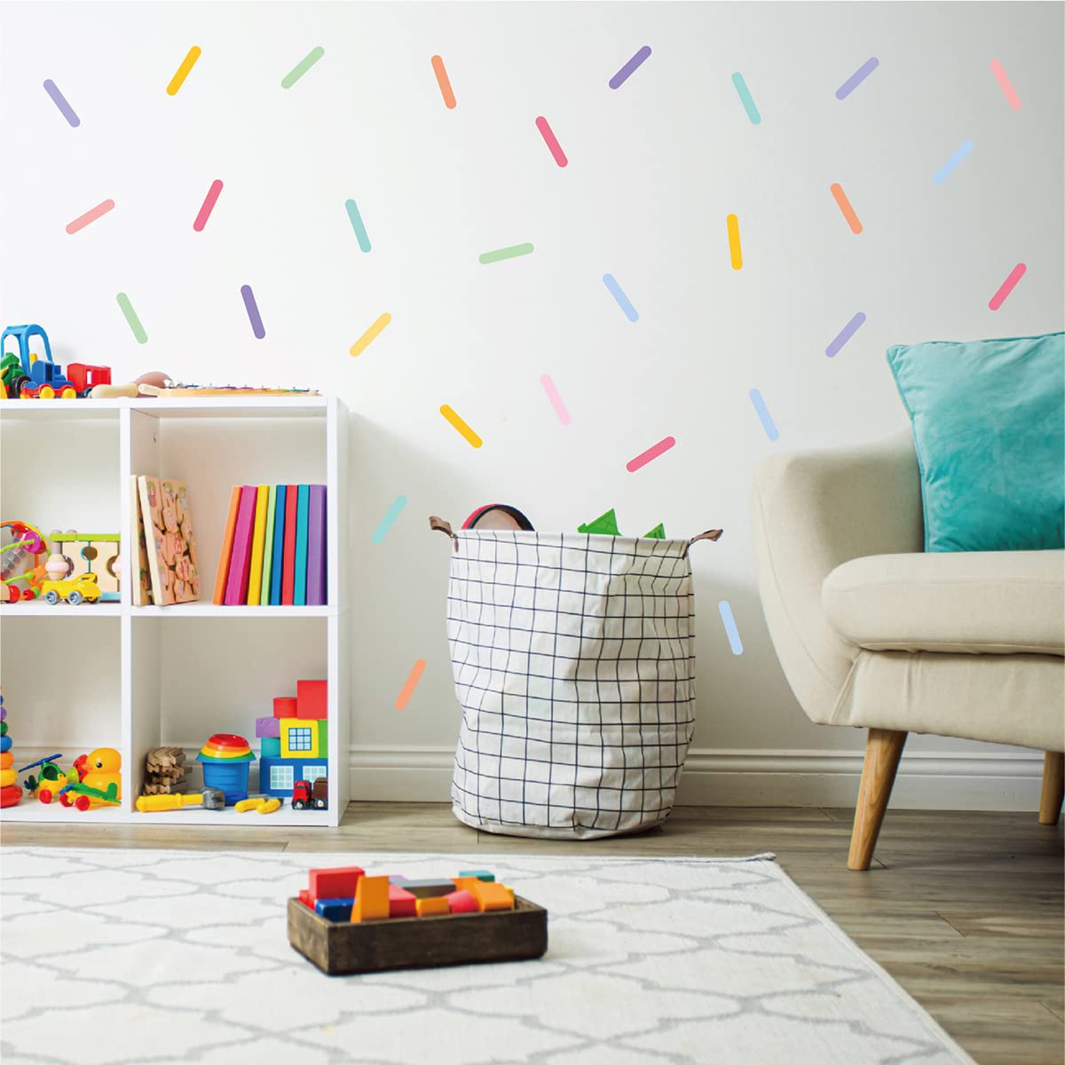 CharmFlo Confetti decals individual pieces sized 3.7 by 0.7 inches for flexible layouts
