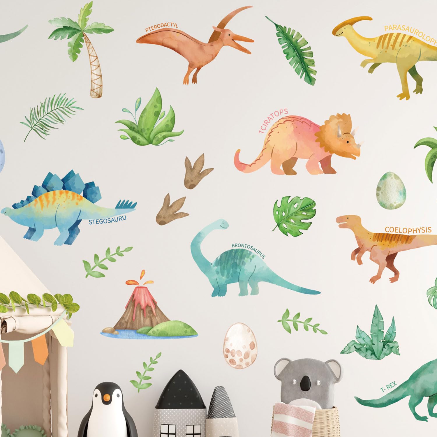 CharmFlo dino-palm-tree wall decal adds playful jungle vibe for kids' rooms and imaginative play.