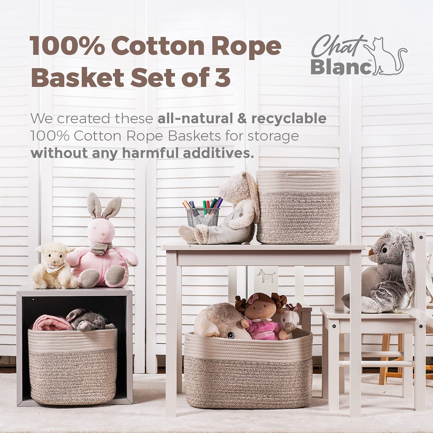 CHAT BLANC cotton rope bathroom towel basket adds spa-like charm.