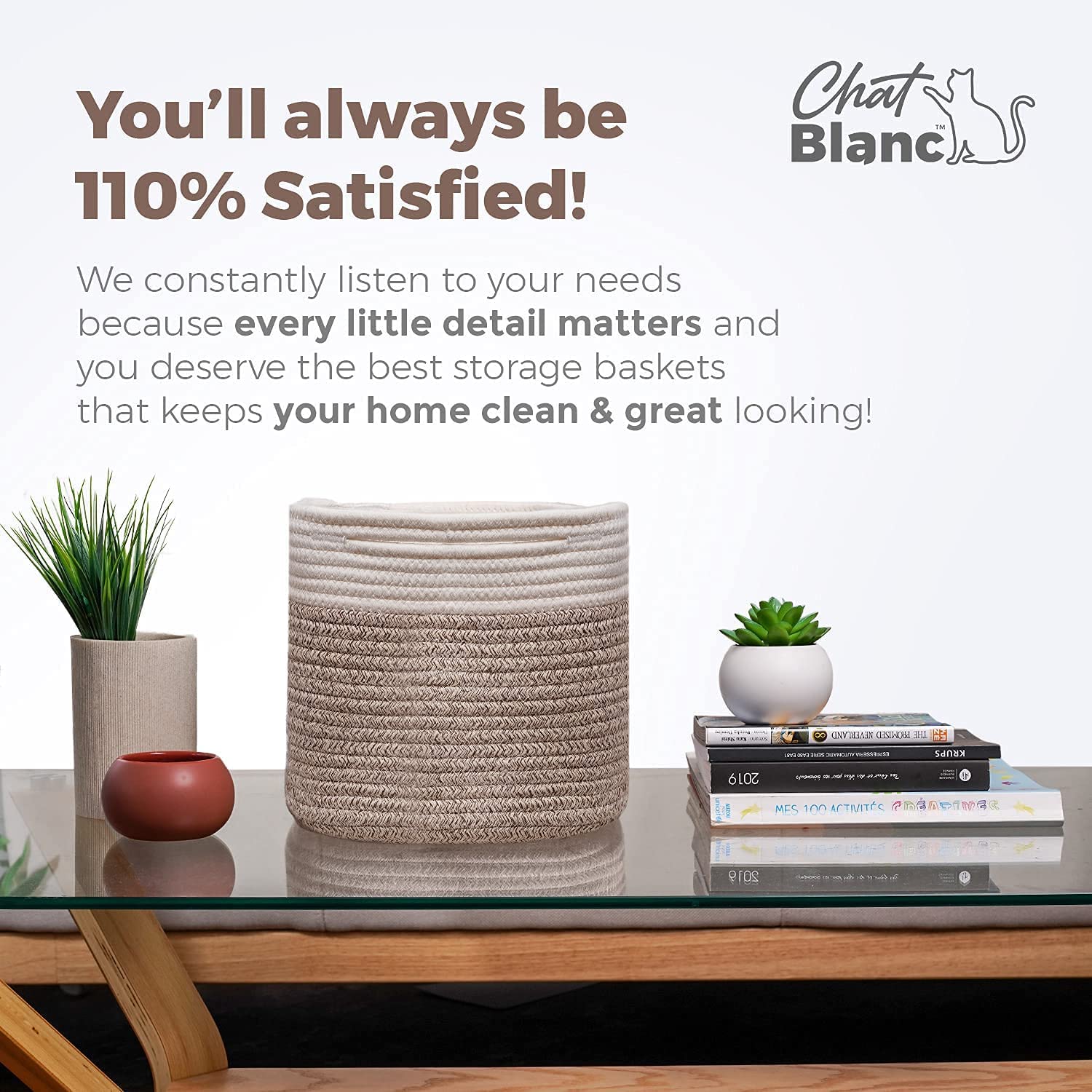 CHAT BLANC cotton rope dog toy basket doubles as book storage for versatile use.