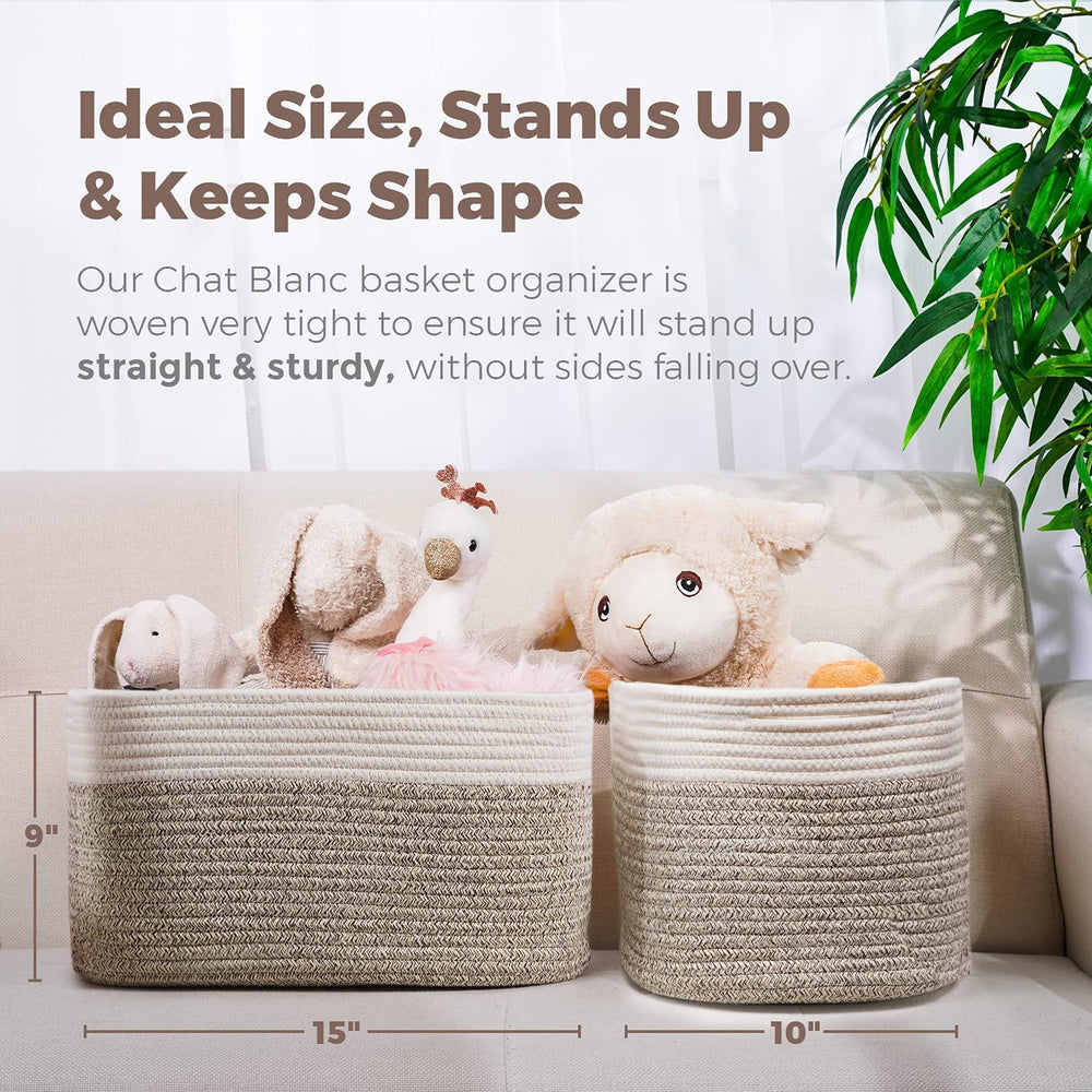 CHAT BLANC cotton rope living room basket on shelf provides warm, decorative storage.