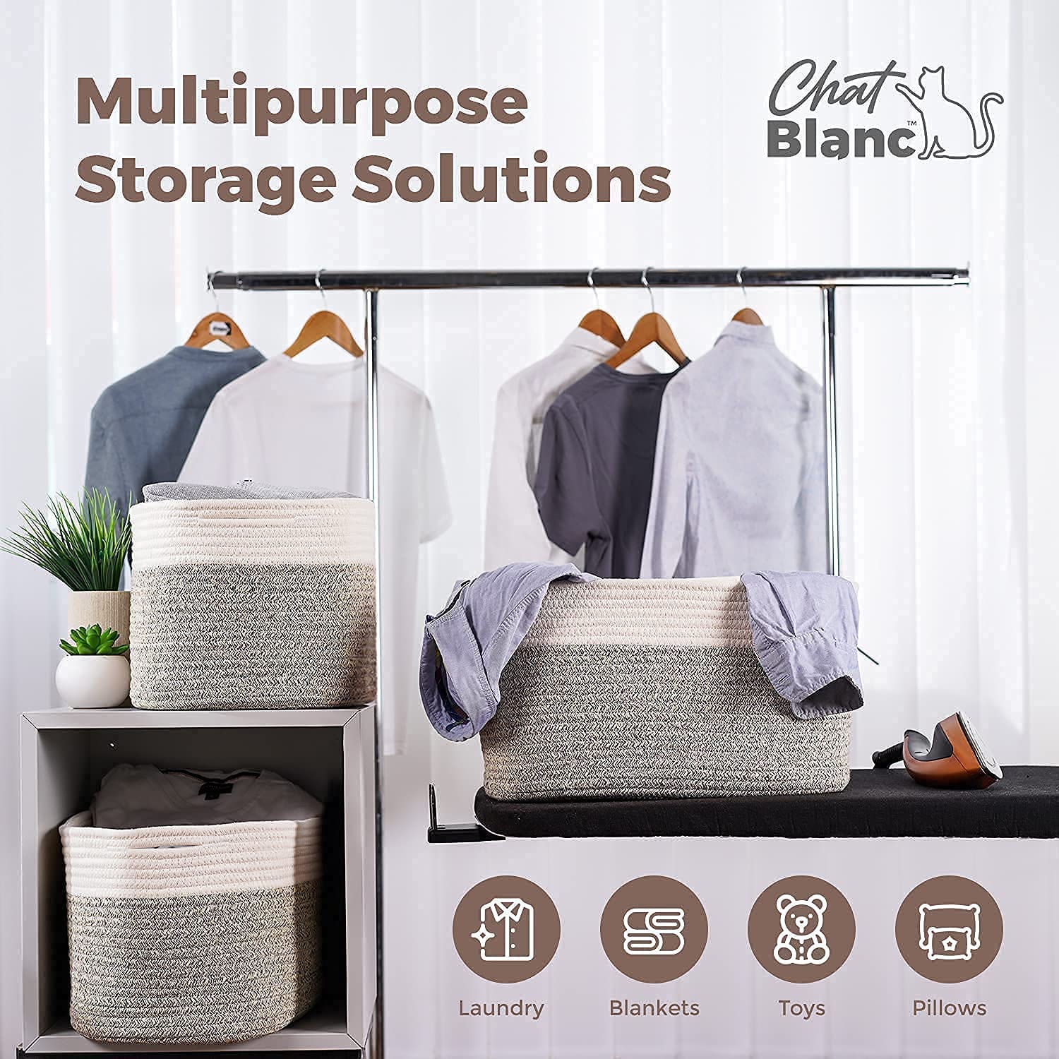 CHAT BLANC cotton rope toy storage basket keeps kids' items tidy and portable.
