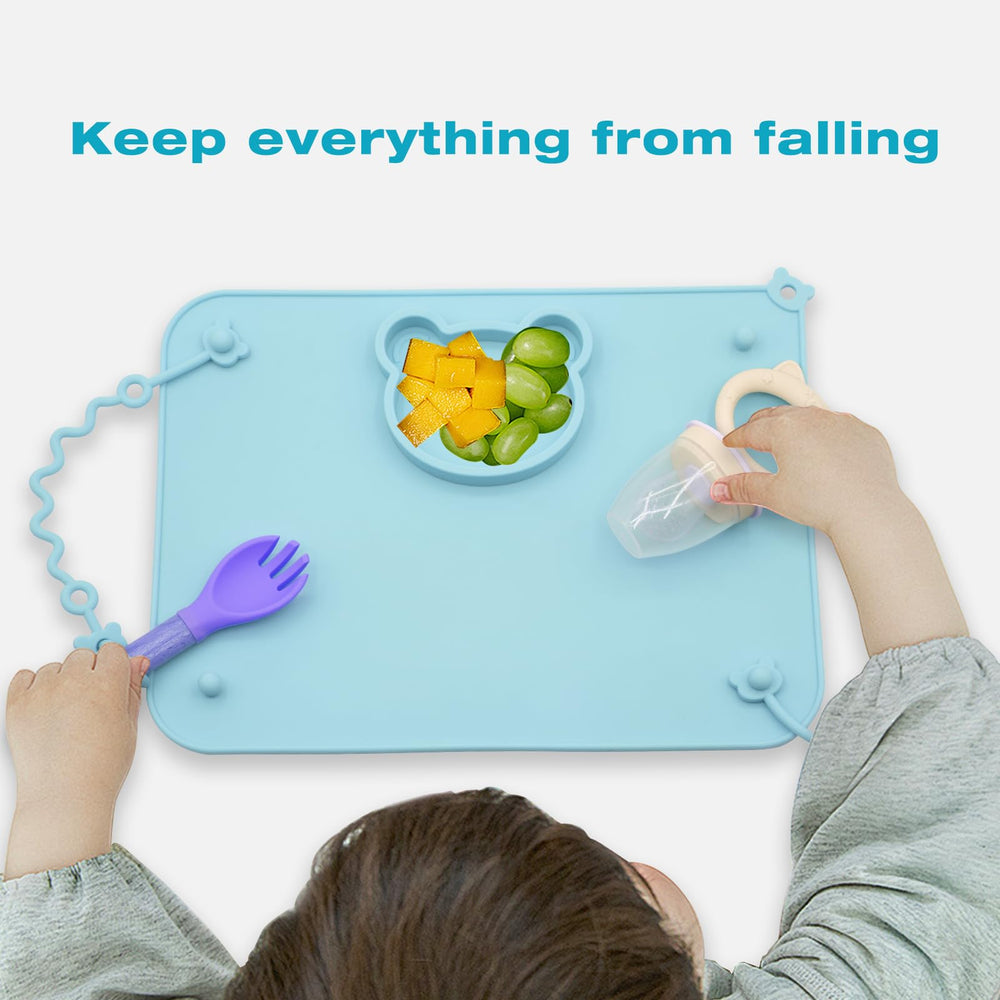 CHCC placemat with six suction cups grips smooth surfaces during meals.