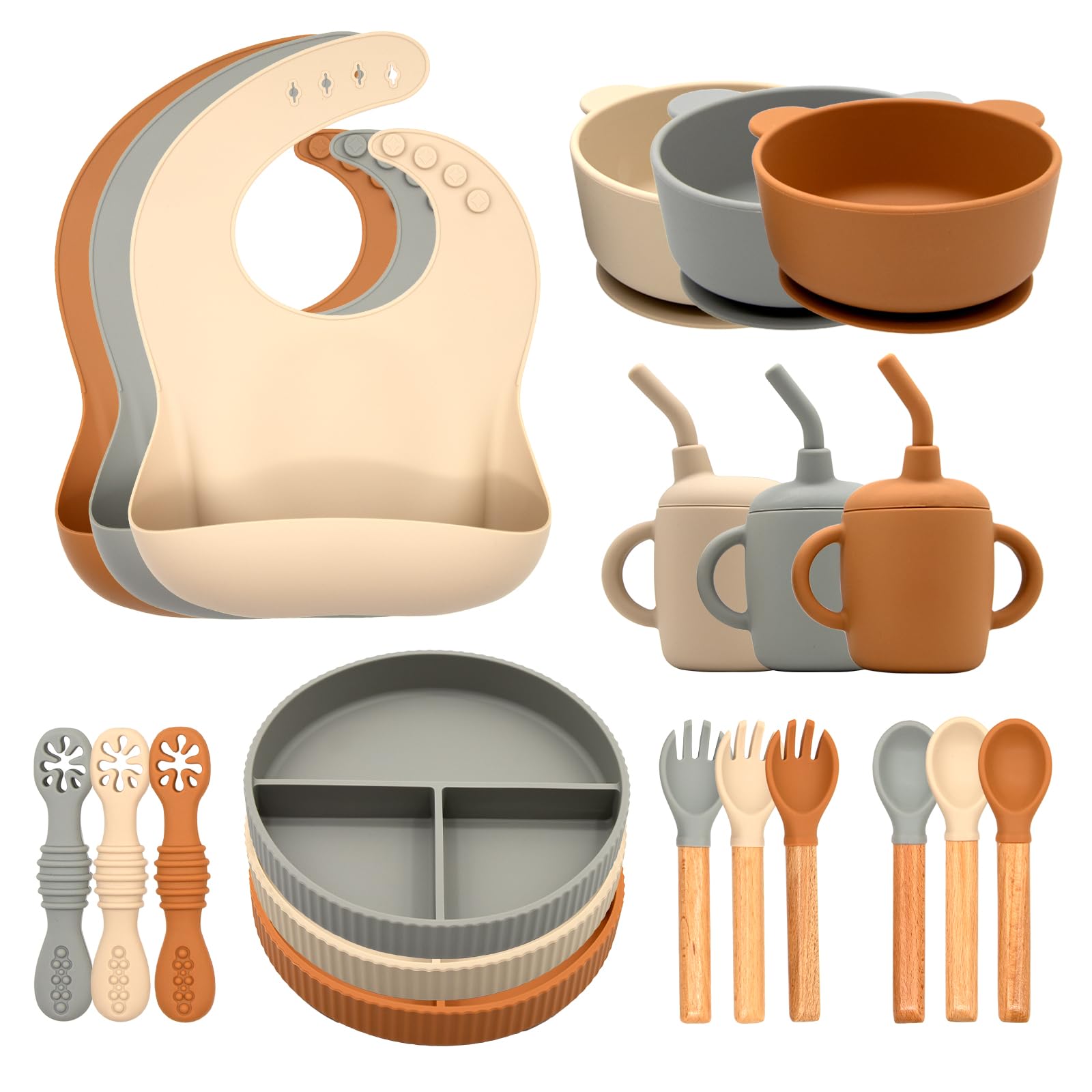 CHCC silicone baby feeding set 21 pcs pack showing non-toxic, mess-reducing mealtime convenience
