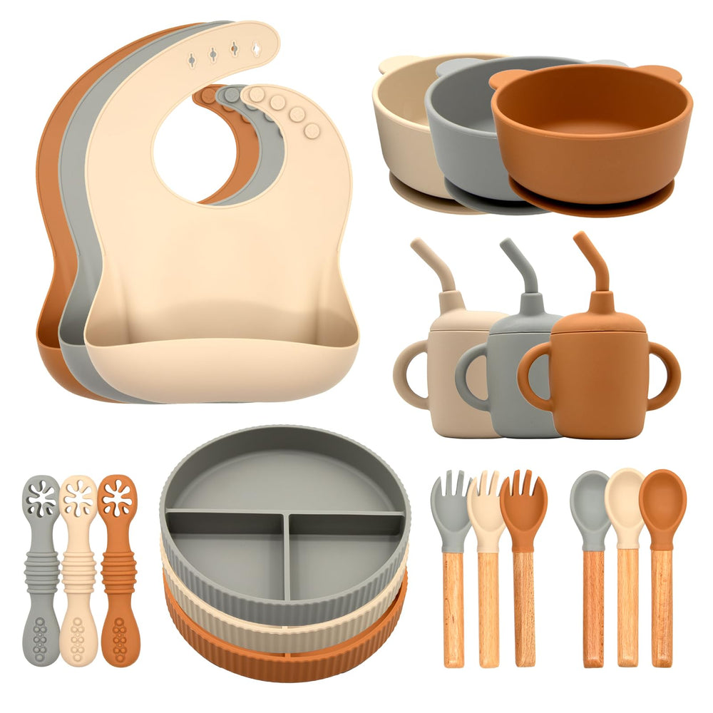 CHCC silicone baby feeding set 21 pcs pack showing non-toxic, mess-reducing mealtime convenience