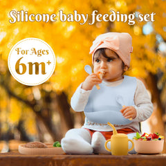 CHCC silicone baby feeding set bibs with deep pocket for catching spills.